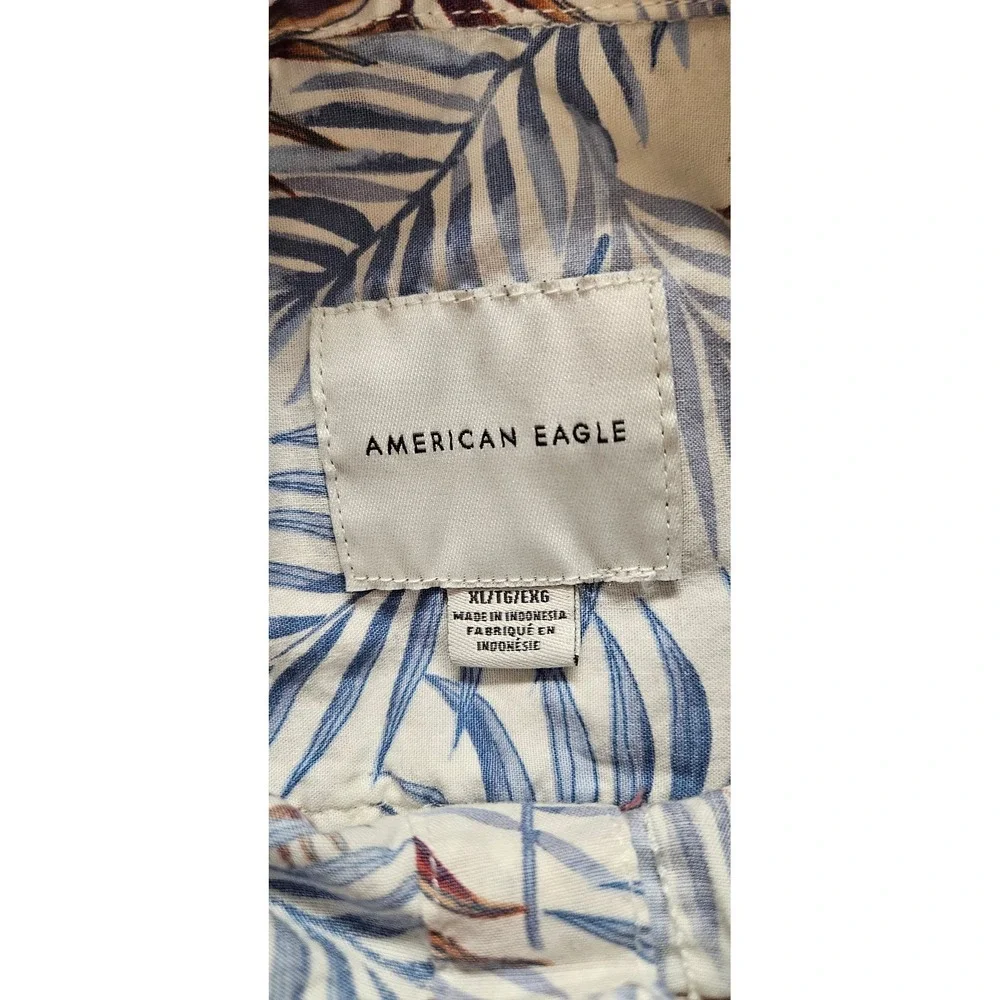 American Eagle Mens XL Tropical Palm Leaf Short Sleeve Button Down Shirt Blue